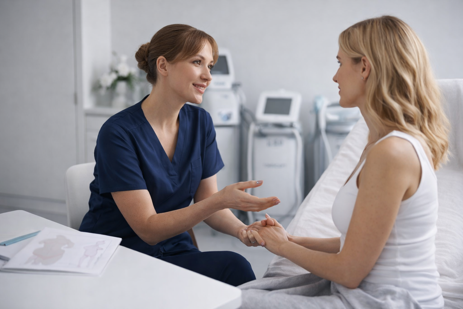 A serene, softly lit treatment room at Lipo Sculpt, featuring a comfortable treatment bed, calming decor and a welcoming atmosphere.