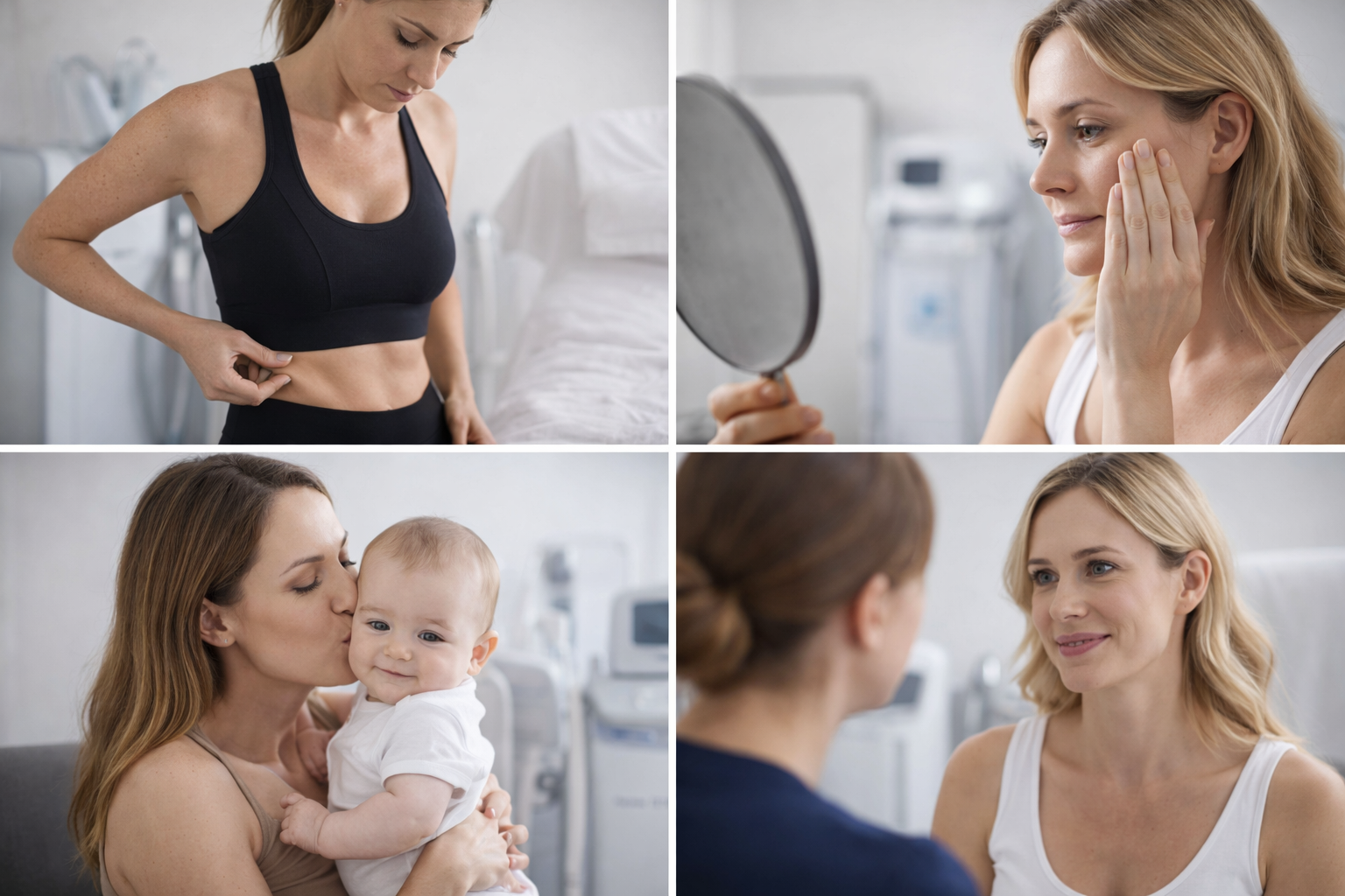 A diverse group of individuals, each with unique body types and aesthetic concerns, standing confidently in a well-lit clinic environment that emphasizes inclusivity and personalised care.