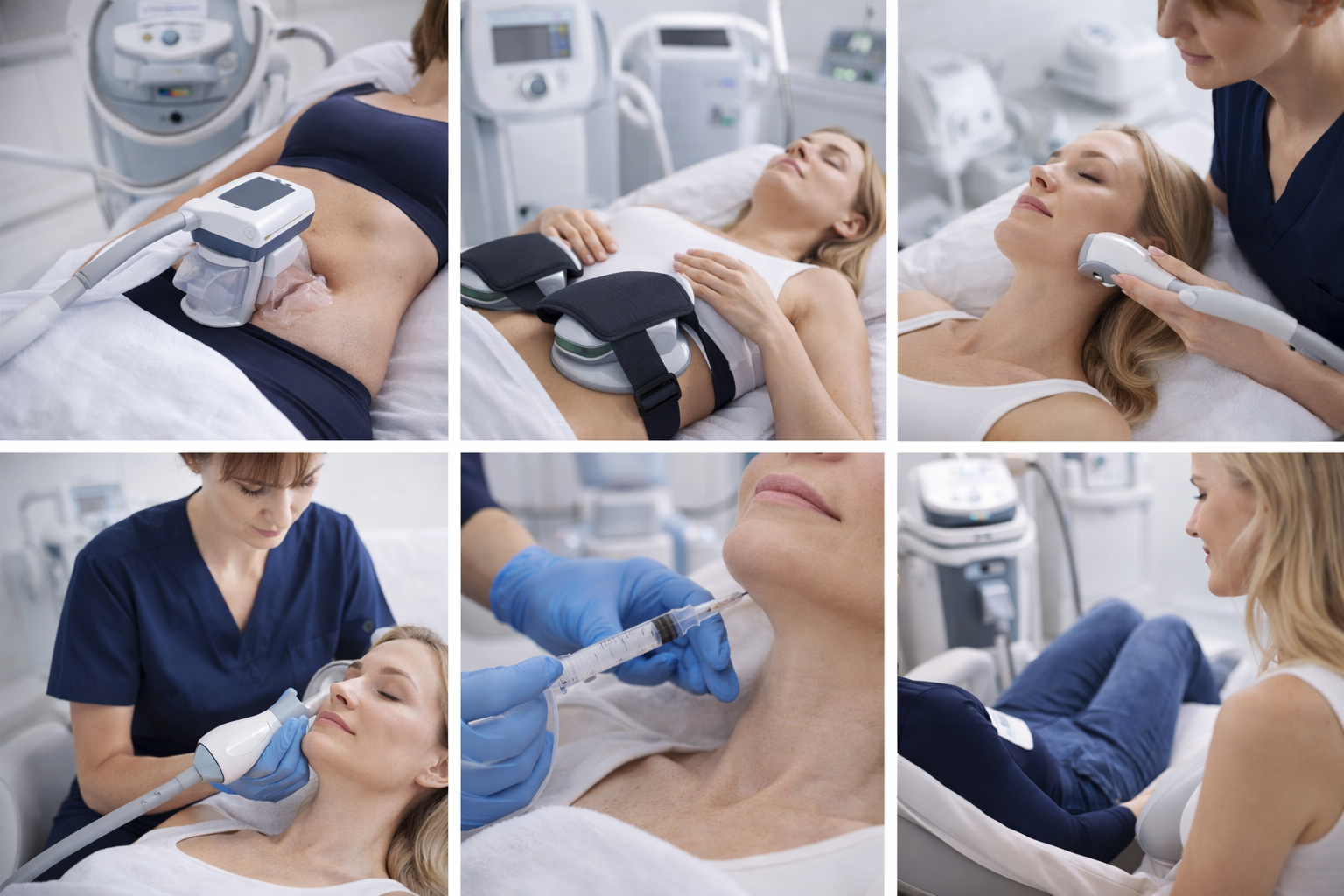A collage of treatment modalities offered at Lipo Sculpt, including images of non-invasive body contouring, skin tightening procedures, and intimate wellness treatments, all set against a backdrop that emphasizes a modern, clinical environment.