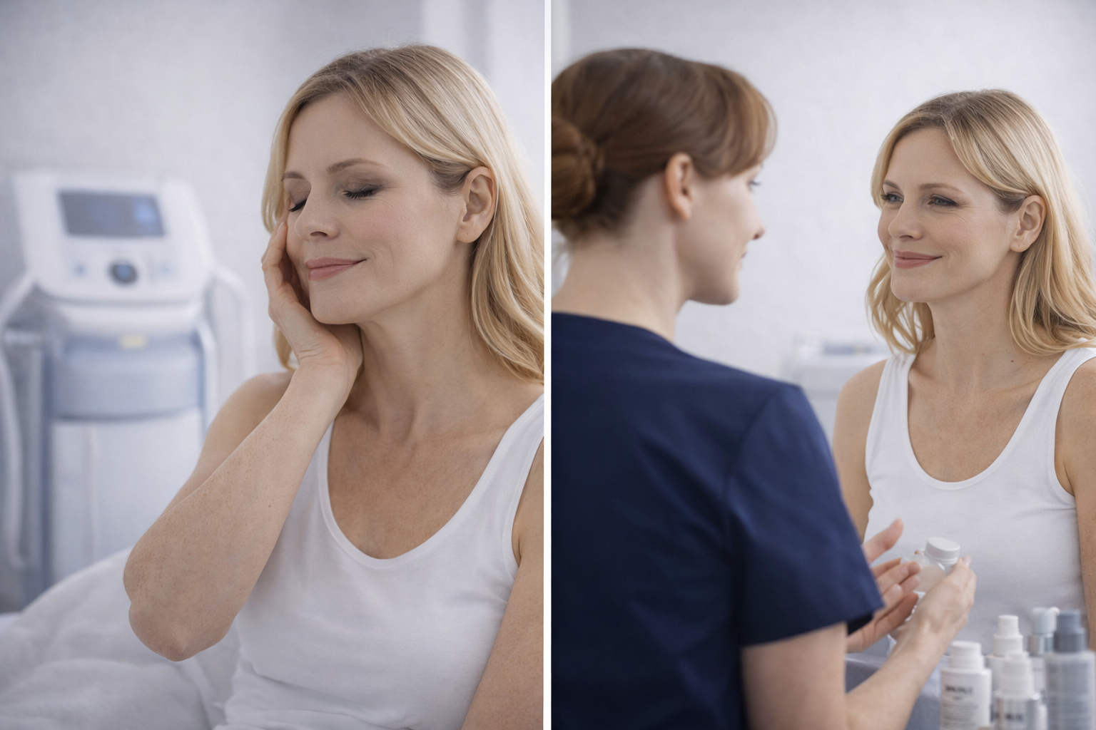 A serene, confident individual standing in a softly lit, modern treatment room, embodying the sense of comfort and self-assurance that non-surgical aesthetic treatment can help achieve.